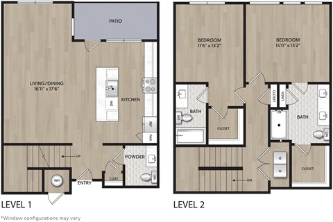 Floor plan for 2 beds, 2.5 baths, 1544 sqft